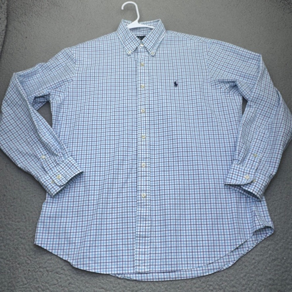 Polo Ralph Lauren Button Down Mens 16.5 34/35 Blue Plaid Custom Fit Long Sleeve